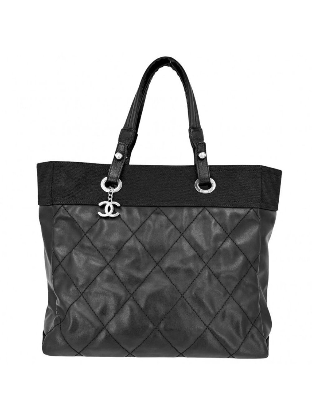 Chanel Tote Paris Biarritz MM Handbag CC Logo Leather Black Silver